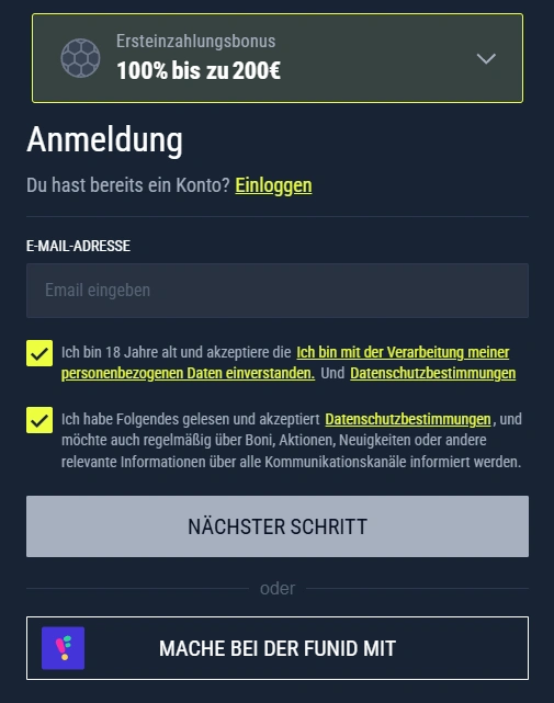 Registrierung bei Rabona